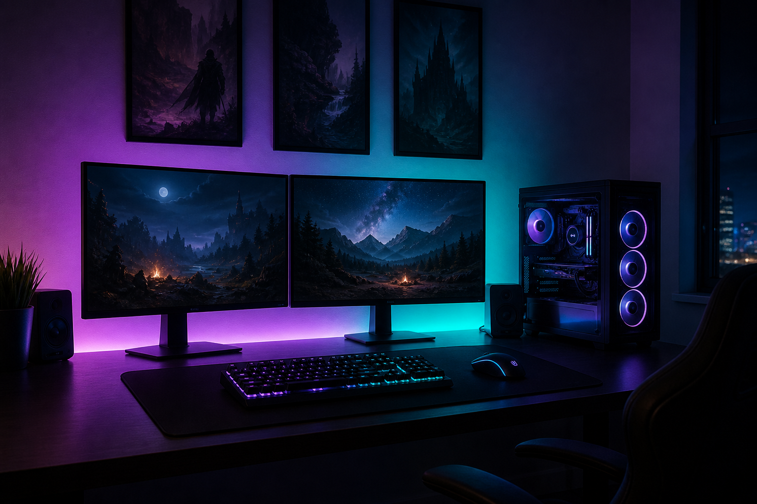 Clean gaming desk with soft ambient light, ready for long sessions