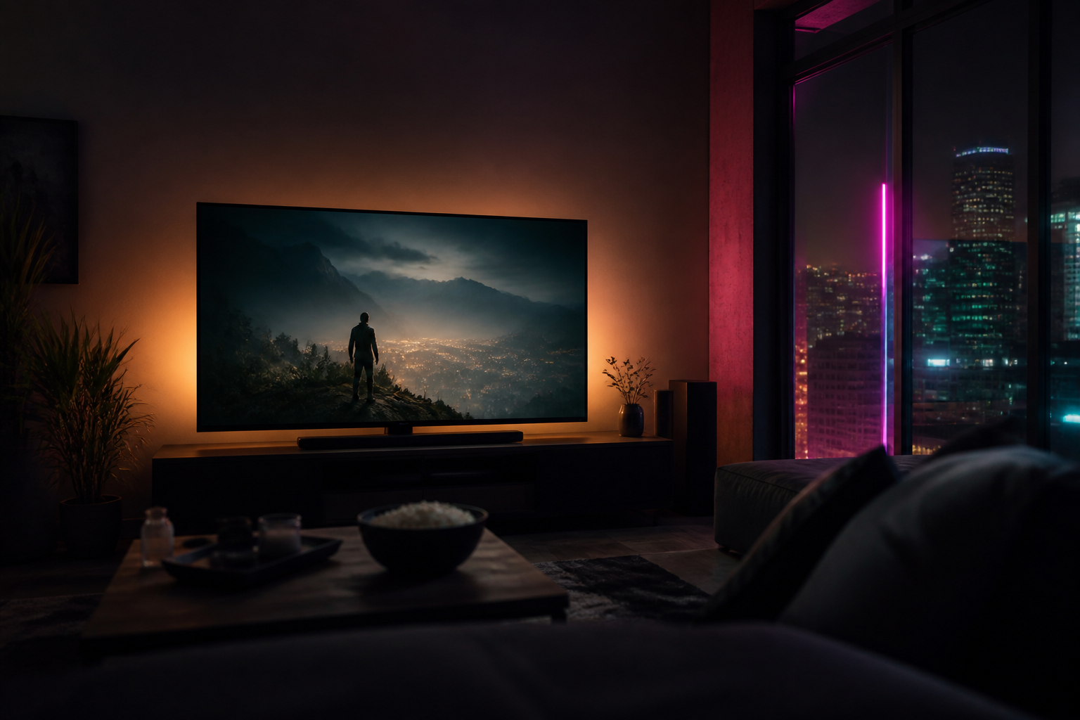 Couch and TV ready for a late launch session with soft ambient light
